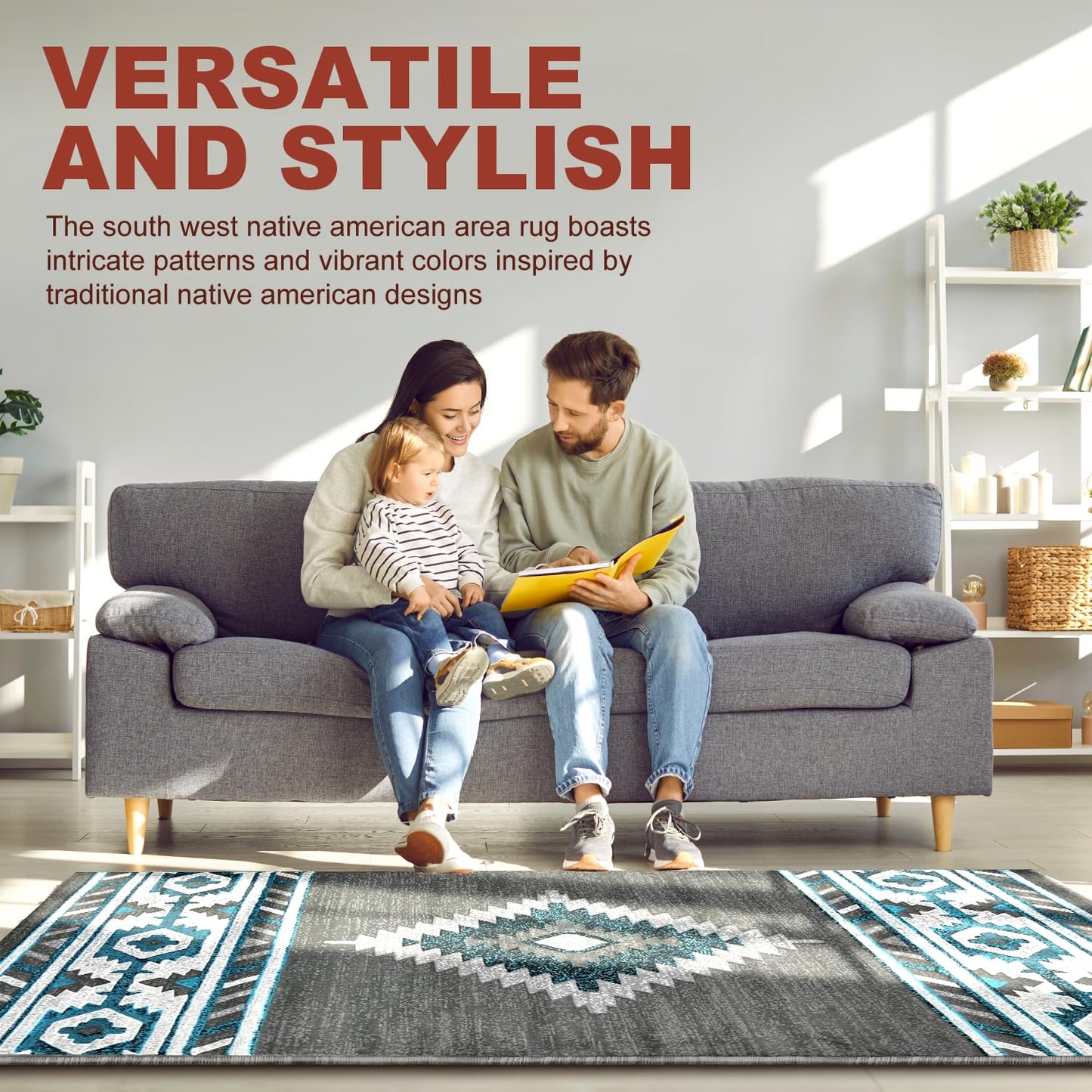 YHSF South West Native American Area Rug - Easy Clean, Thick, Soft, Durable Native Tribal American Indian Inspired Rug for Bedroom/Living Room/Hallways and More - Rust, 5 Feet x 7 Feet