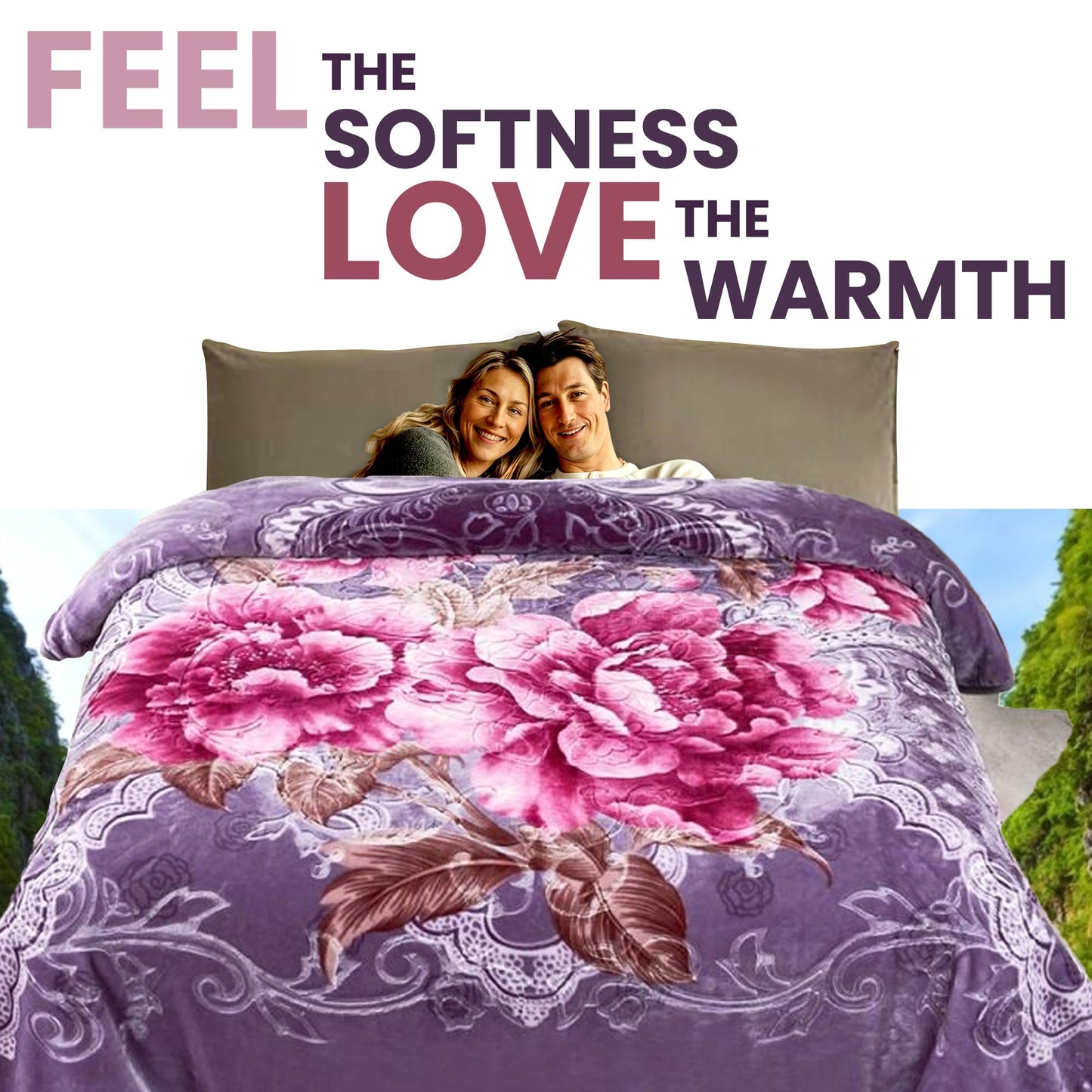 YHSF Korean Mink Blanket - 2 Ply Thick & Soft Reversible Printed Plush Throw - Warm Cozy & Comfy Korean Faux Mink Blanket - Ideal Gift, Easy Care, Fade-Proof, Peony, King Size, 6 LB, 83 in x 91 in