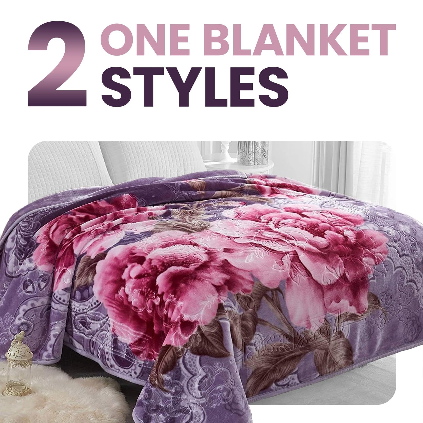 YHSF Korean Mink Blanket - 2 Ply Thick & Soft Reversible Printed Plush Throw - Warm Cozy & Comfy Korean Faux Mink Blanket - Ideal Gift, Easy Care, Fade-Proof, Peony, King Size, 6 LB, 83 in x 91 in