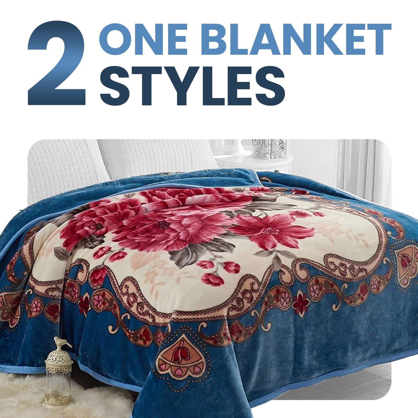 YHSF Korean Mink Blanket - 2 Ply Thick & Soft Reversible Printed Plush Throw - Warm Cozy & Comfy Korean Faux Mink Blanket - Ideal Gift, Easy Care, Fade-Proof, Peony, King Size, 6 LB, 83 in x 91 in