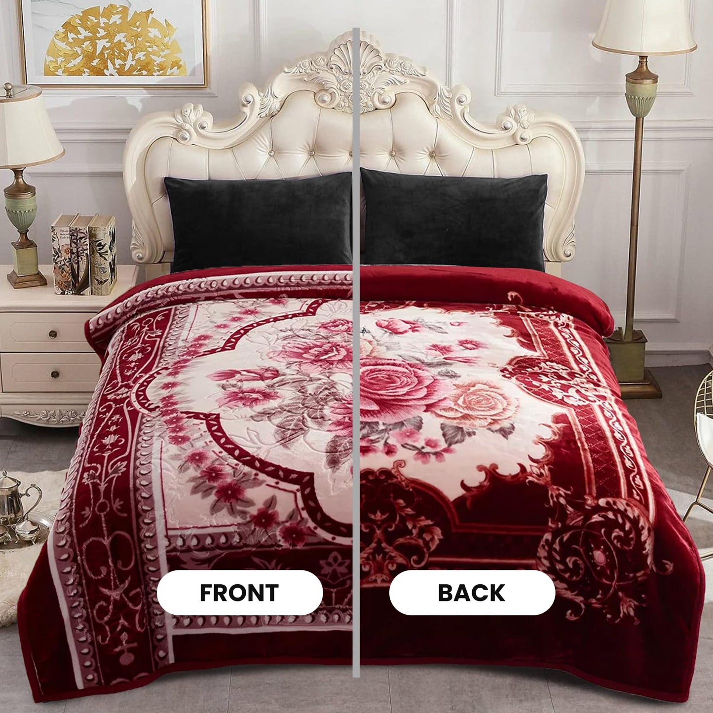 YHSF Korean Mink Blanket - 2 Ply Thick & Soft Reversible Printed Plush Throw - Warm Cozy & Comfy Korean Faux Mink Blanket - Ideal Gift, Easy Care, Fade-Proof, Peony, King Size, 6 LB, 83 in x 91 in