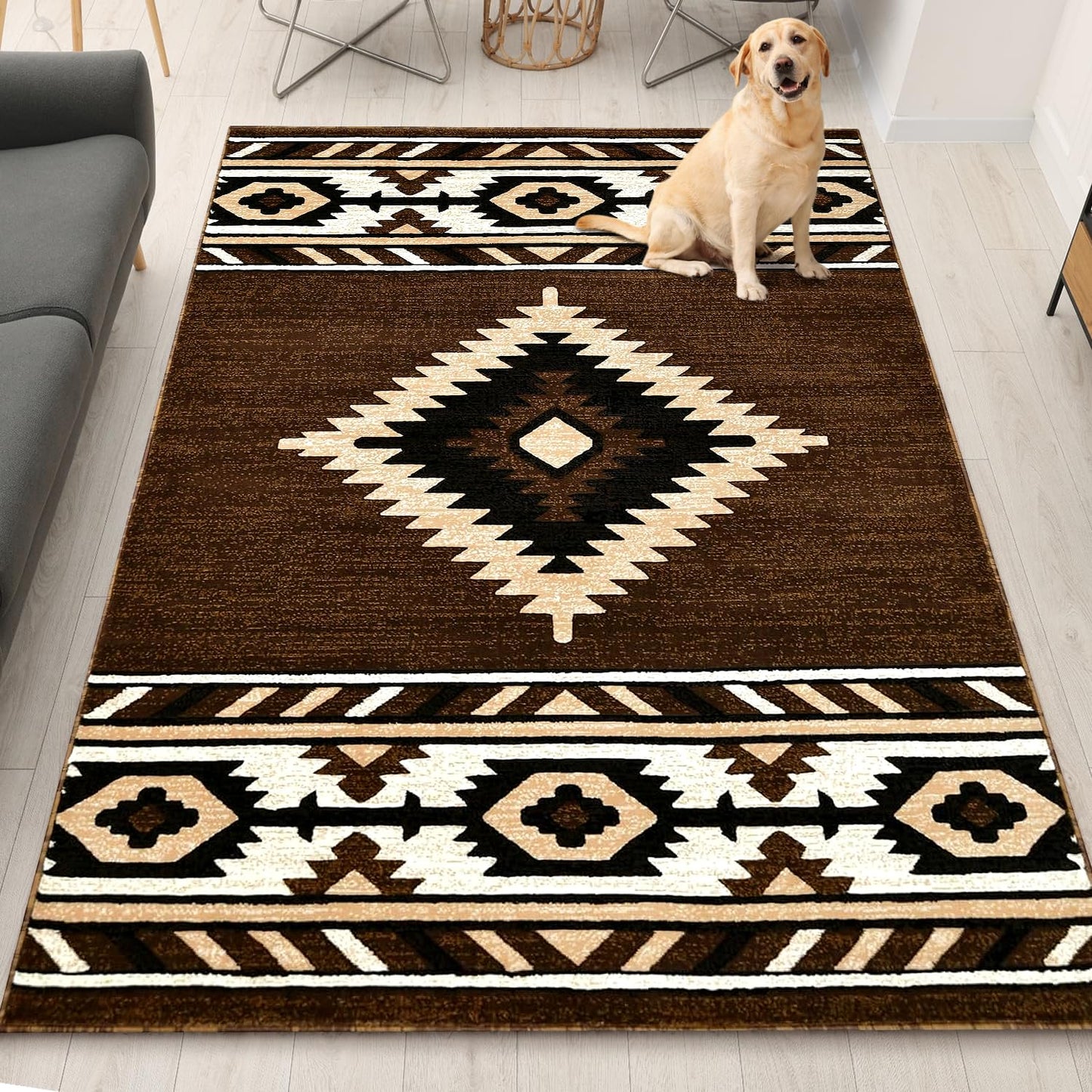 YHSF South West Native American Area Rug - Easy Clean, Thick, Soft, Durable Native Tribal American Indian Inspired Rug for Bedroom/Living Room/Hallways and More - Rust, 5 Feet x 7 Feet