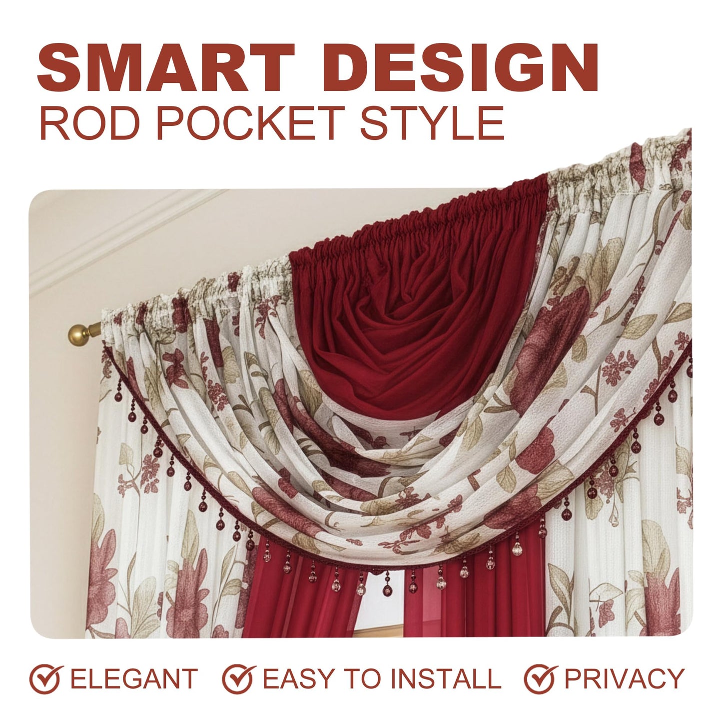 YHSF Sheer Curtains Laura Collection - 4 Panel Set, 84 Inches Long - Elegant Curtains for Bedroom & More - Valances with Beads & 2 tiebacks - 55” x 84" - Easy Install, Multicolor, Floral Rose Taupe