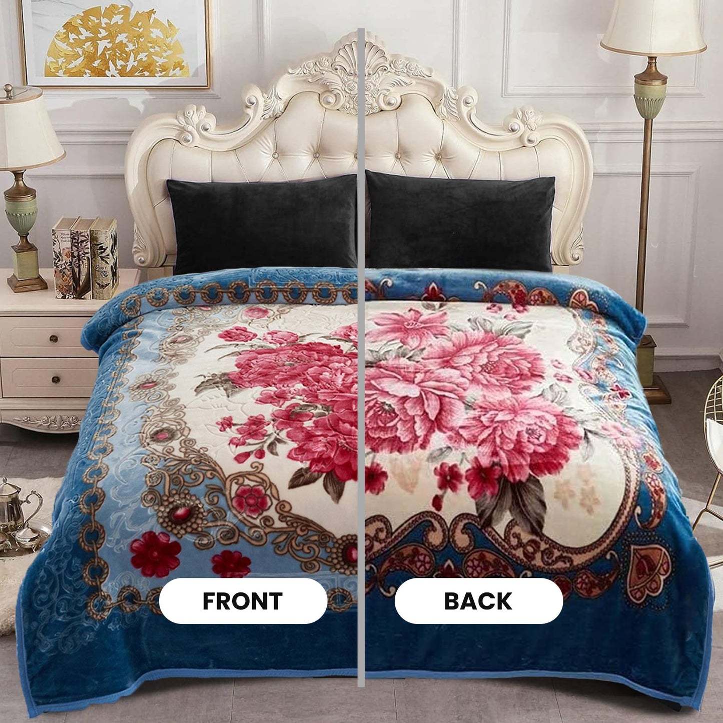 YHSF Korean Mink Blanket - 2 Ply Thick & Soft Reversible Printed Plush Throw - Warm Cozy & Comfy Korean Faux Mink Blanket - Ideal Gift, Easy Care, Fade-Proof, Peony, King Size, 6 LB, 83 in x 91 in
