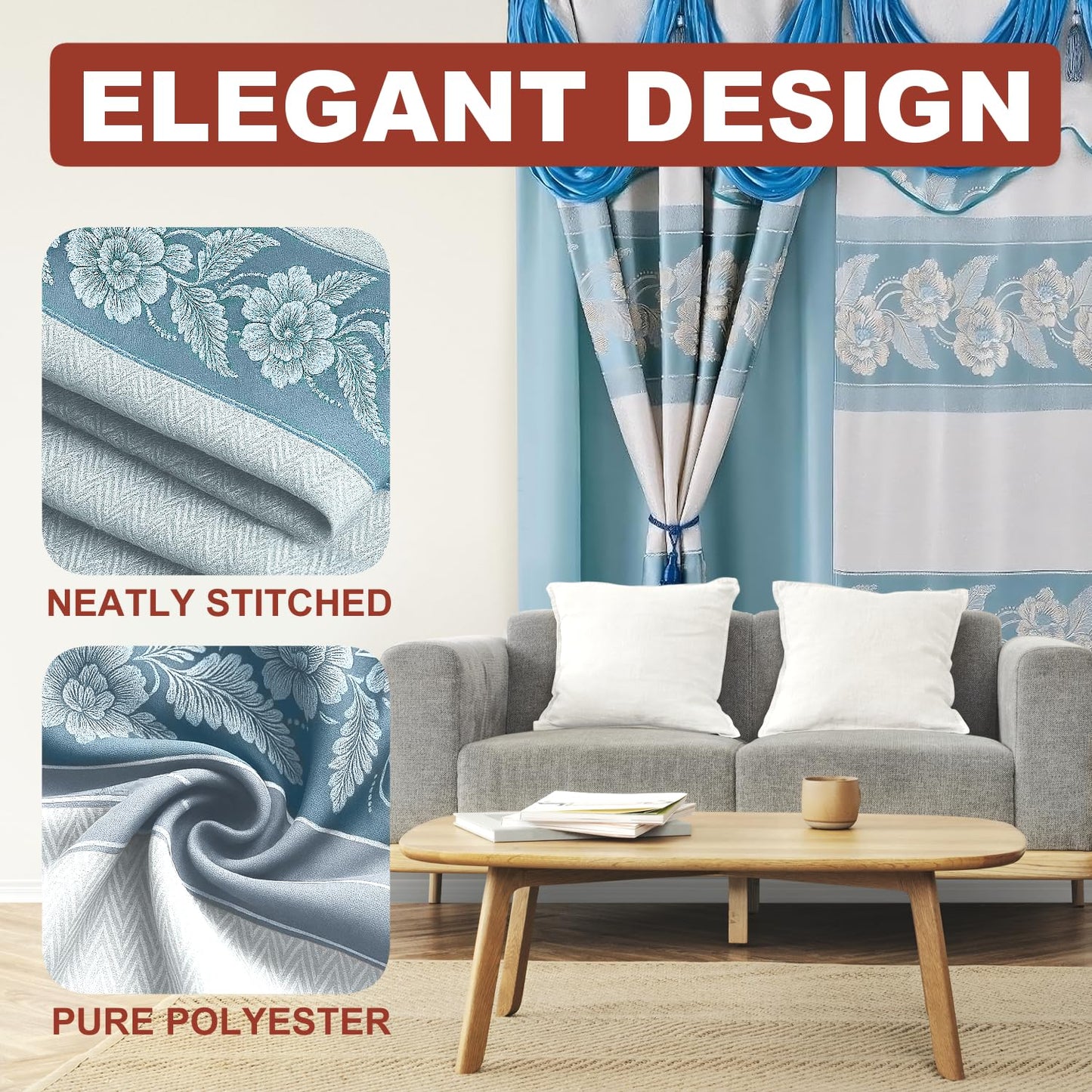 YHSF Jacquard Window Curtains for Living Room and Bedrooms - 54" W x 84" L 2-Panel Set Fancy Curtains with Valance Attached & 2 Tassle Tie Backs - Fancy Living Room Curtain with Valance - Turquoise