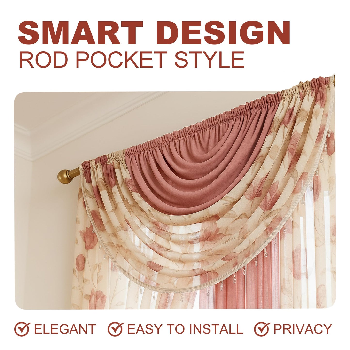 YHSF Sheer Curtains Laura Collection - 4 Panel Set, 84 Inches Long - Elegant Curtains for Bedroom & More - Valances with Beads & 2 tiebacks - 55” x 84" - Easy Install, Multicolor, Floral Rose Taupe