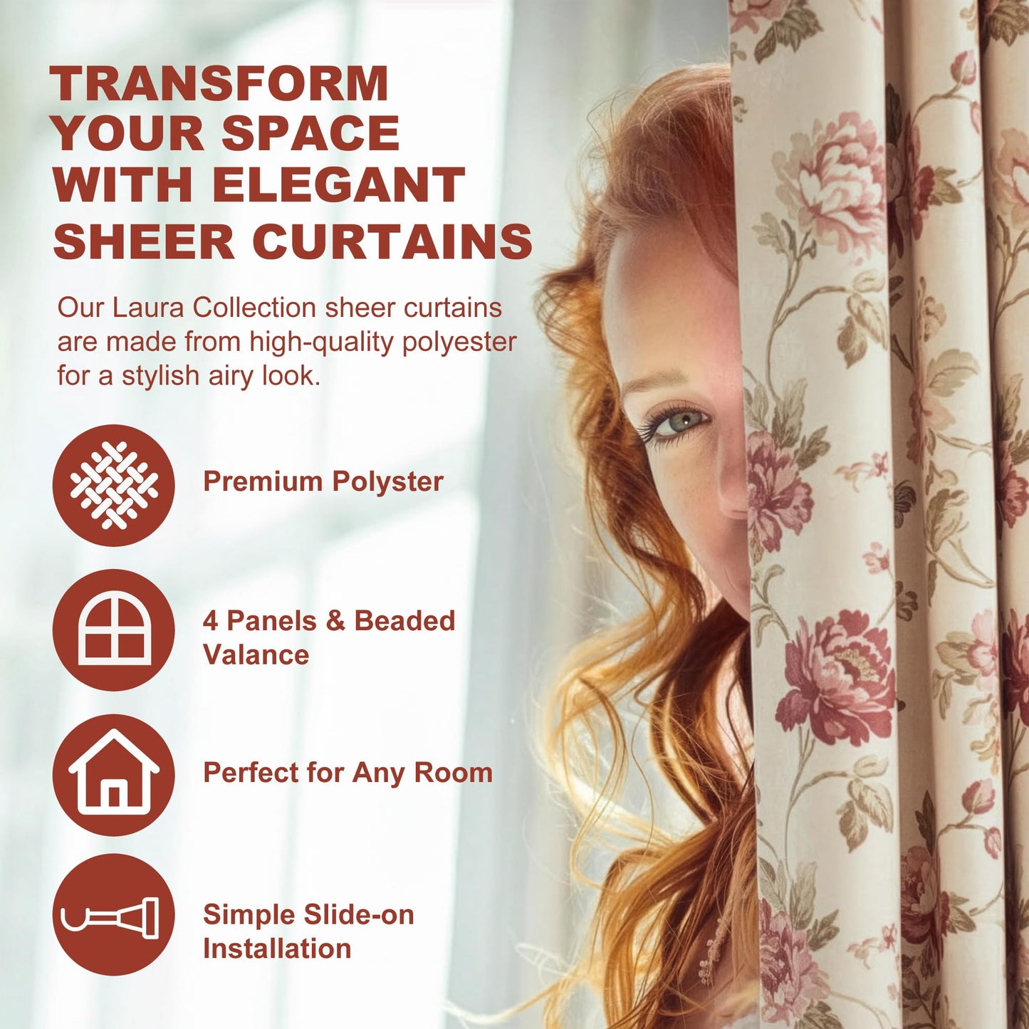 YHSF Sheer Curtains Laura Collection - 4 Panel Set, 84 Inches Long - Elegant Curtains for Bedroom & More - Valances with Beads & 2 tiebacks - 55” x 84" - Easy Install, Multicolor, Floral Rose Taupe