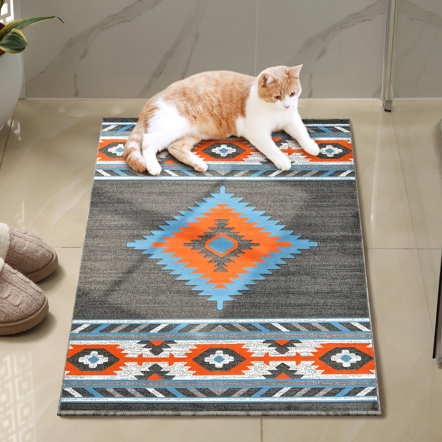 YHSF South West Native American Area Rug - Easy Clean, Thick, Soft, Durable Native Tribal American Indian Inspired Rug for Bedroom/Living Room/Hallways and More - Rust, 5 Feet x 7 Feet