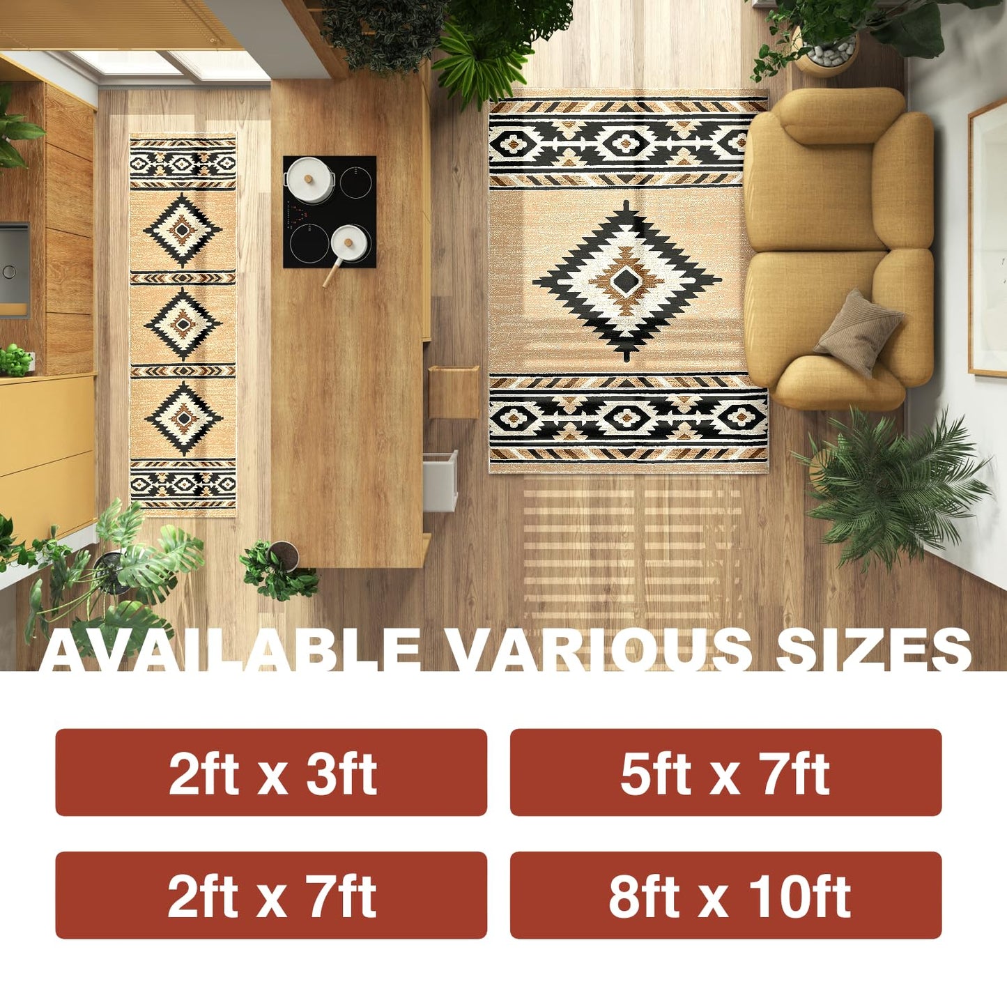 YHSF South West Native American Area Rug - Easy Clean, Thick, Soft, Durable Native Tribal American Indian Inspired Rug for Bedroom/Living Room/Hallways and More - Rust, 5 Feet x 7 Feet