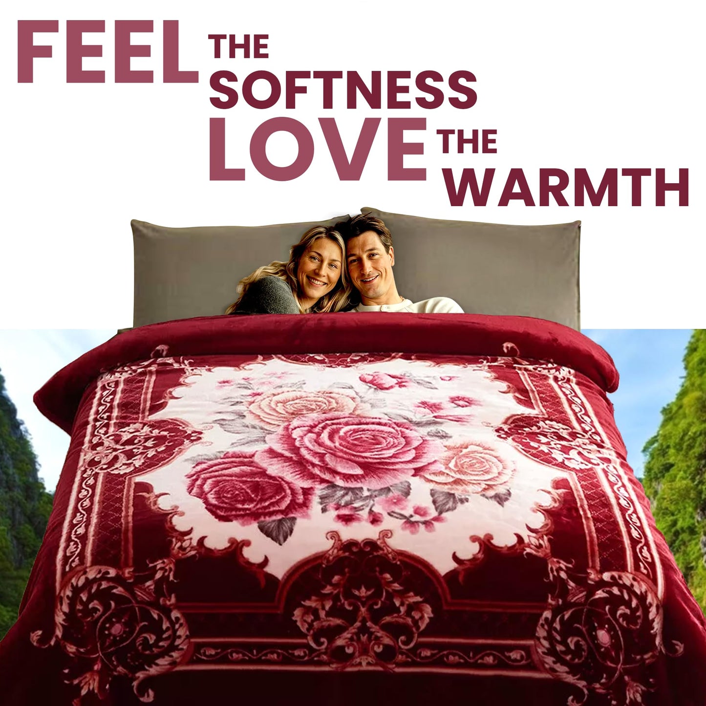 YHSF Korean Mink Blanket - 2 Ply Thick & Soft Reversible Printed Plush Throw - Warm Cozy & Comfy Korean Faux Mink Blanket - Ideal Gift, Easy Care, Fade-Proof, Peony, King Size, 6 LB, 83 in x 91 in