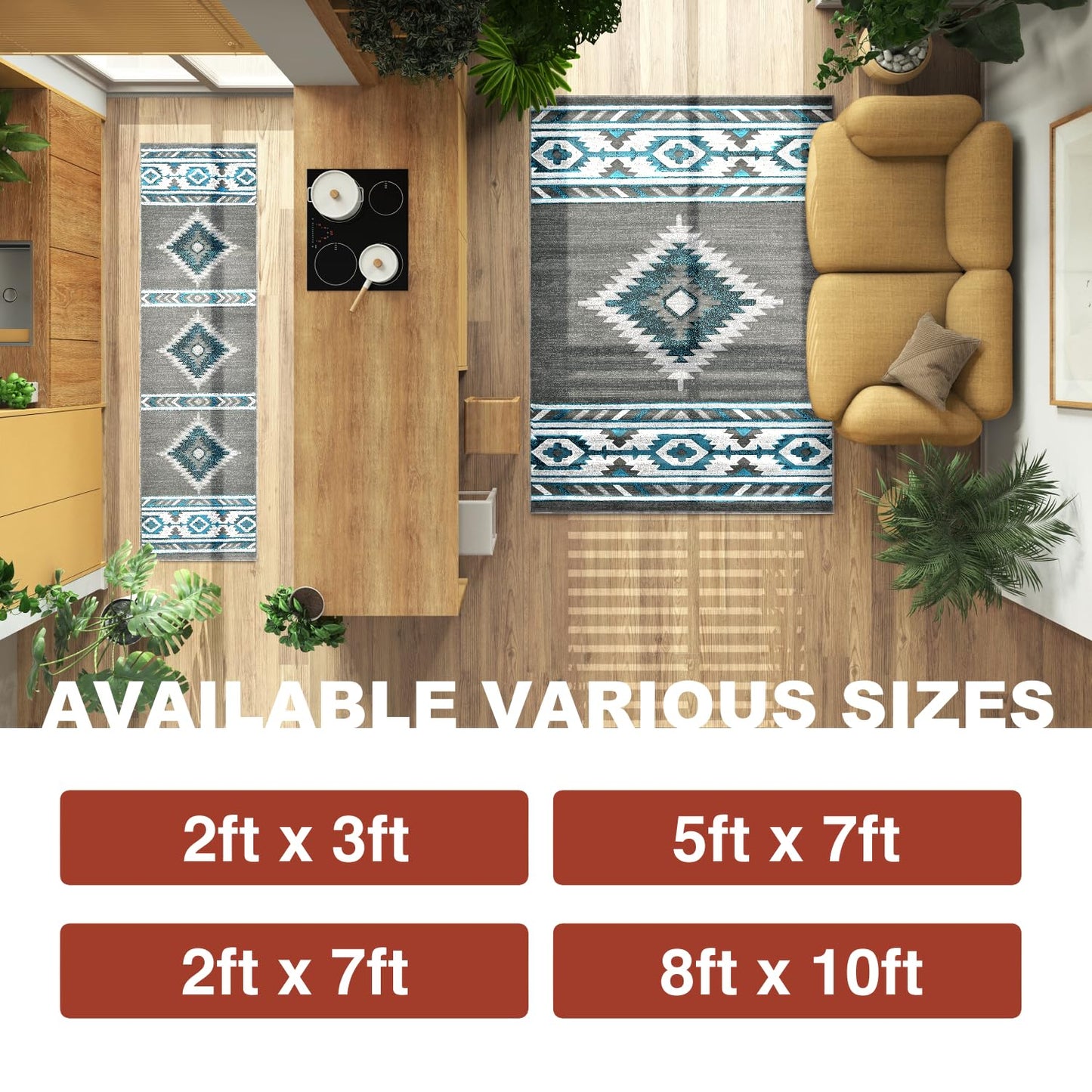 YHSF South West Native American Area Rug - Easy Clean, Thick, Soft, Durable Native Tribal American Indian Inspired Rug for Bedroom/Living Room/Hallways and More - Rust, 5 Feet x 7 Feet