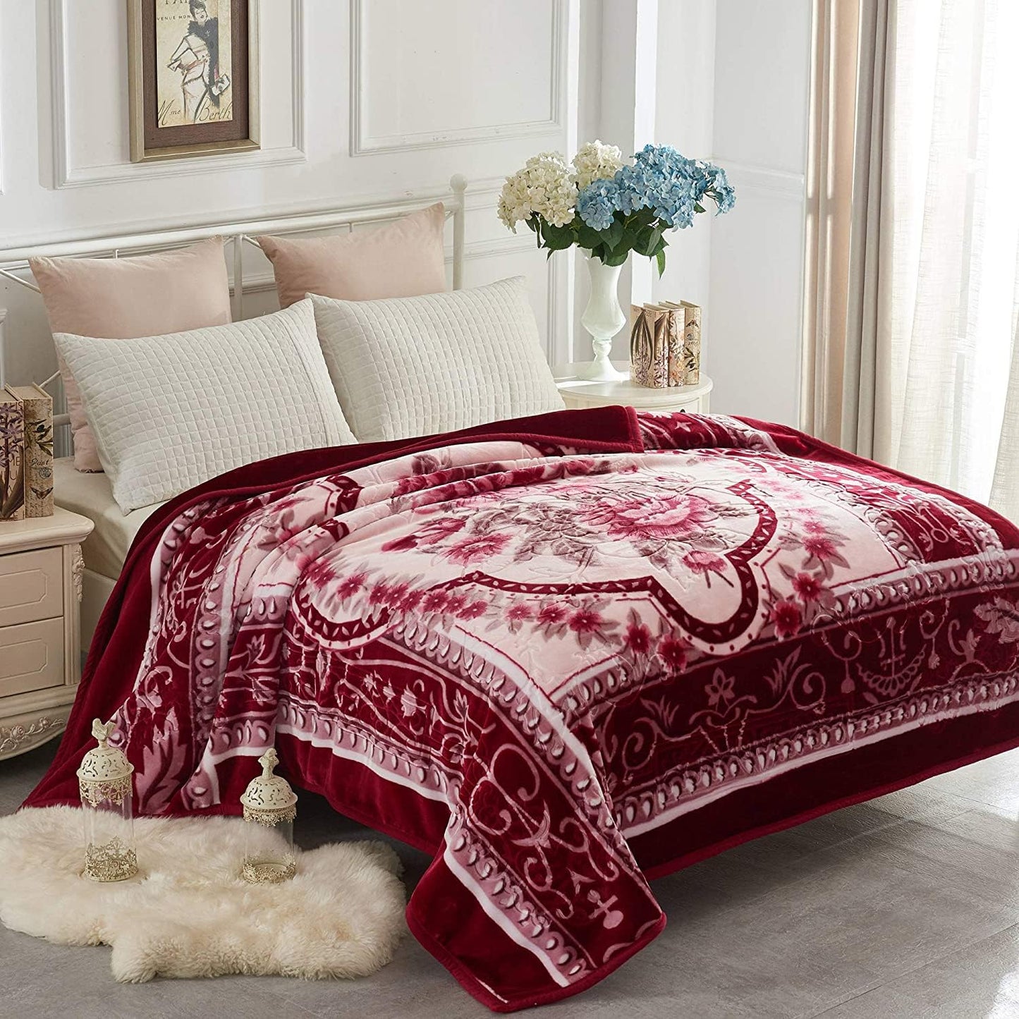 YHSF Korean Mink Blanket - 2 Ply Thick & Soft Reversible Printed Plush Throw - Warm Cozy & Comfy Korean Faux Mink Blanket - Ideal Gift, Easy Care, Fade-Proof, Peony, King Size, 6 LB, 83 in x 91 in
