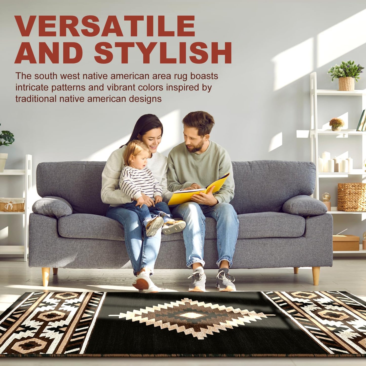 YHSF South West Native American Area Rug - Easy Clean, Thick, Soft, Durable Native Tribal American Indian Inspired Rug for Bedroom/Living Room/Hallways and More - Rust, 5 Feet x 7 Feet