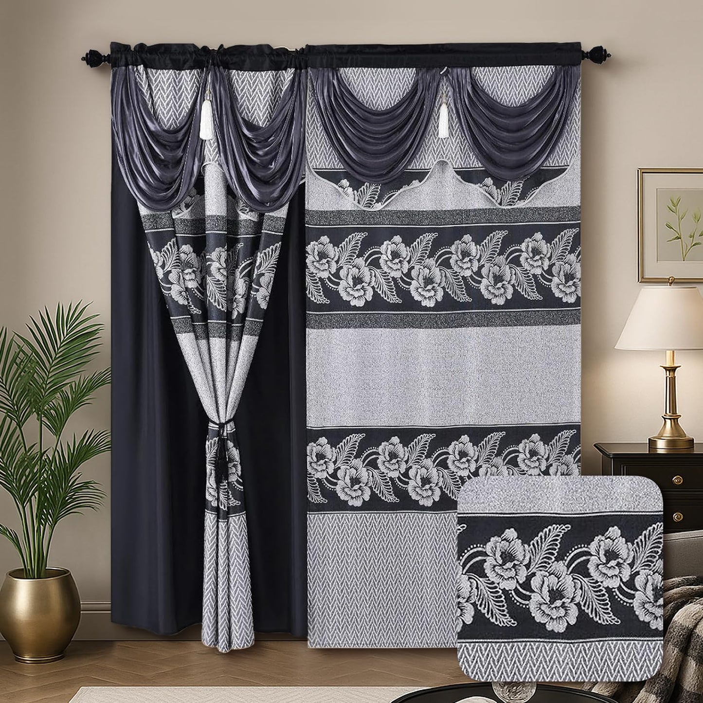 YHSF Jacquard Window Curtains for Living Room and Bedrooms - 54" W x 84" L 2-Panel Set Fancy Curtains with Valance Attached & 2 Tassle Tie Backs - Fancy Living Room Curtain with Valance - Turquoise