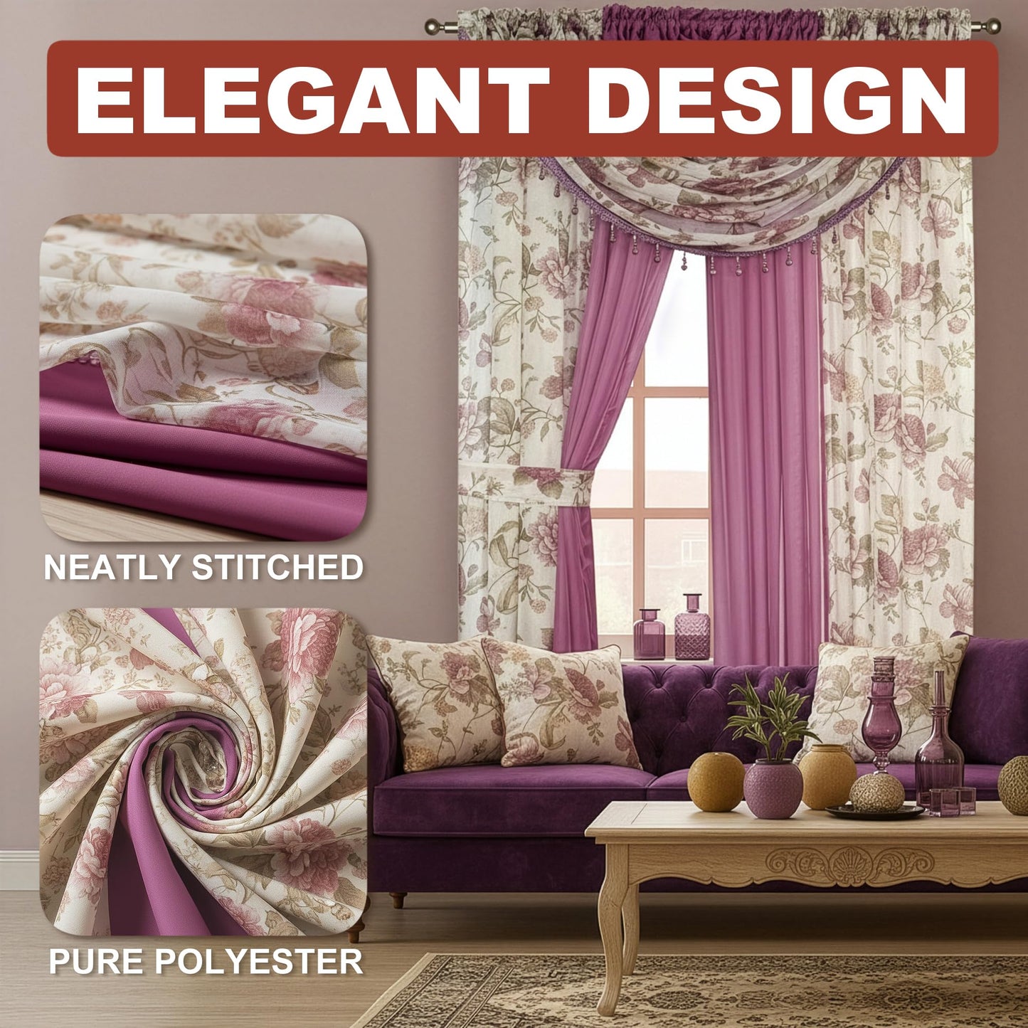 YHSF Sheer Curtains Laura Collection - 4 Panel Set, 84 Inches Long - Elegant Curtains for Bedroom & More - Valances with Beads & 2 tiebacks - 55” x 84" - Easy Install, Multicolor, Floral Rose Taupe