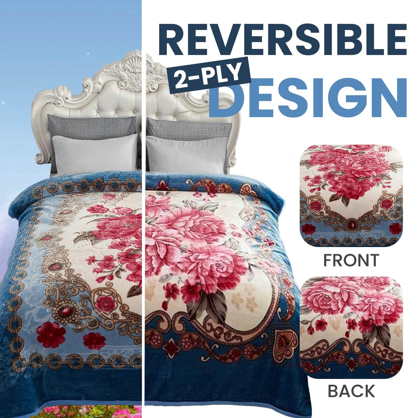 YHSF Korean Mink Blanket - 2 Ply Thick & Soft Reversible Printed Plush Throw - Warm Cozy & Comfy Korean Faux Mink Blanket - Ideal Gift, Easy Care, Fade-Proof, Peony, King Size, 6 LB, 83 in x 91 in