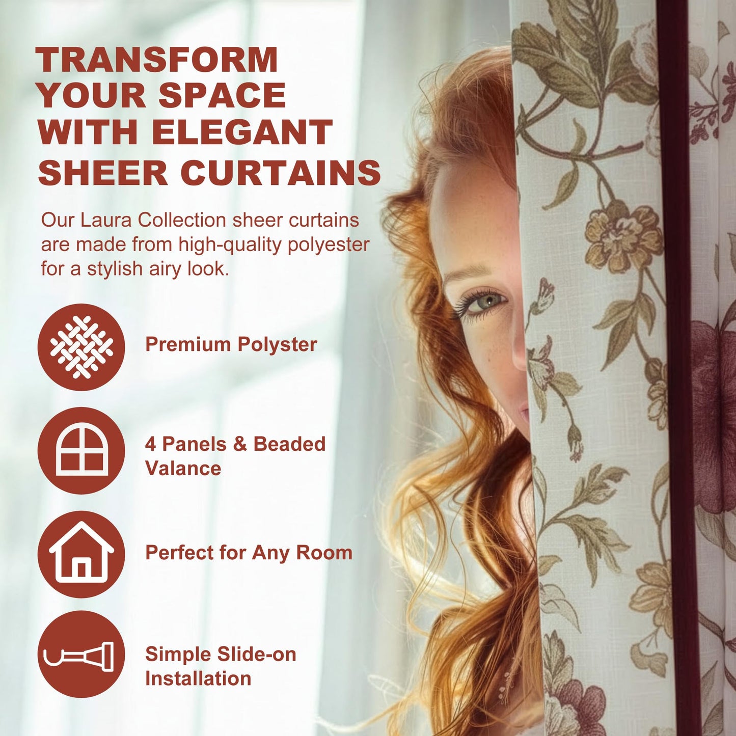 YHSF Sheer Curtains Laura Collection - 4 Panel Set, 84 Inches Long - Elegant Curtains for Bedroom & More - Valances with Beads & 2 tiebacks - 55” x 84" - Easy Install, Multicolor, Floral Rose Taupe