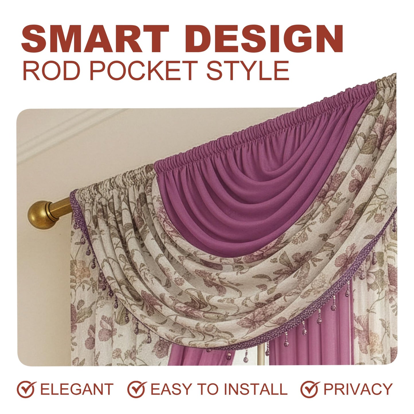 YHSF Sheer Curtains Laura Collection - 4 Panel Set, 84 Inches Long - Elegant Curtains for Bedroom & More - Valances with Beads & 2 tiebacks - 55” x 84" - Easy Install, Multicolor, Floral Rose Taupe