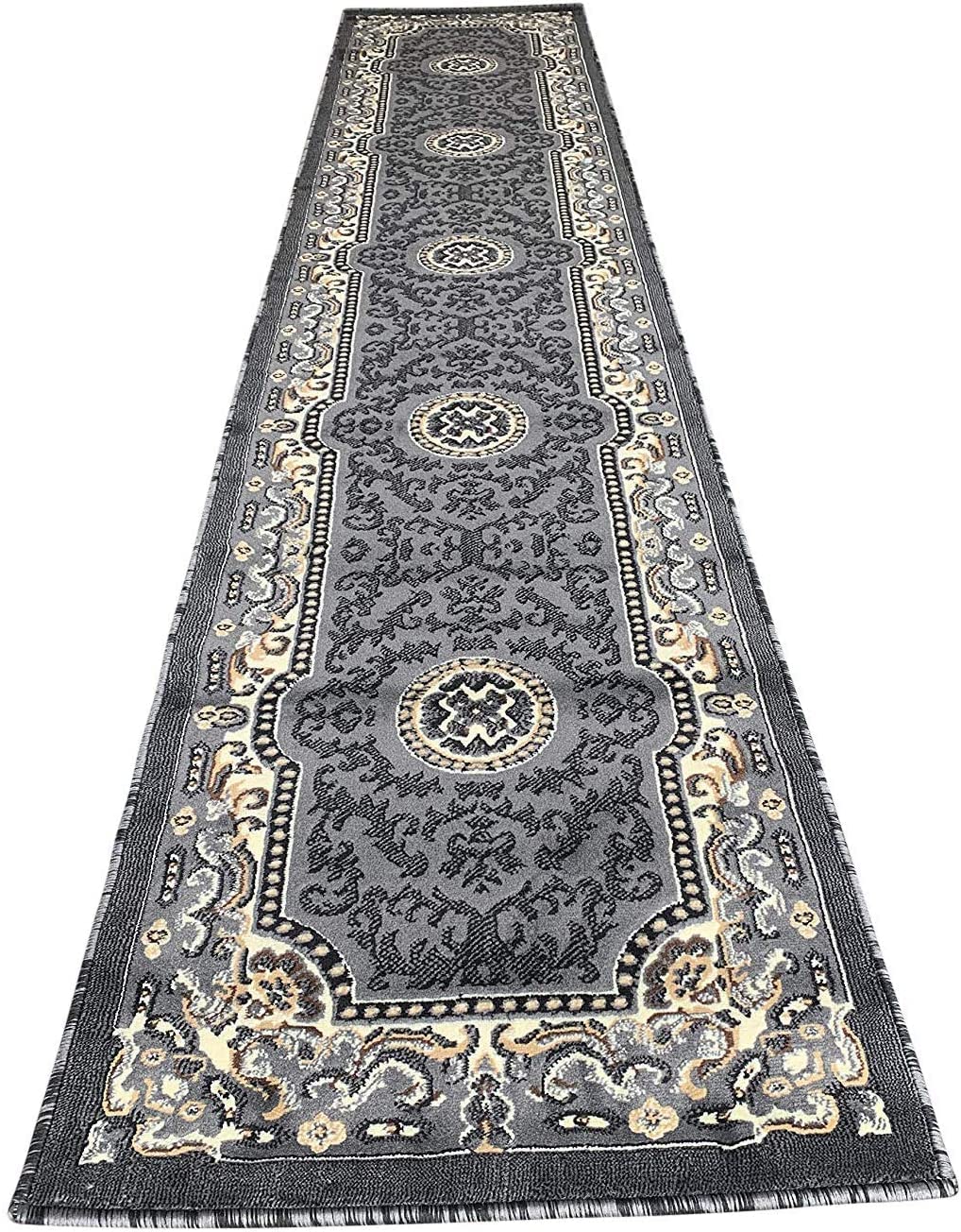 YHSF Traditional Floral Area Rug - Non-Slip Washable Carpet for Kitchen, Dining Room, or Entryway - Easy Clean Colorful Flower Rug - Grey, 5 ft 2 in x 7 ft