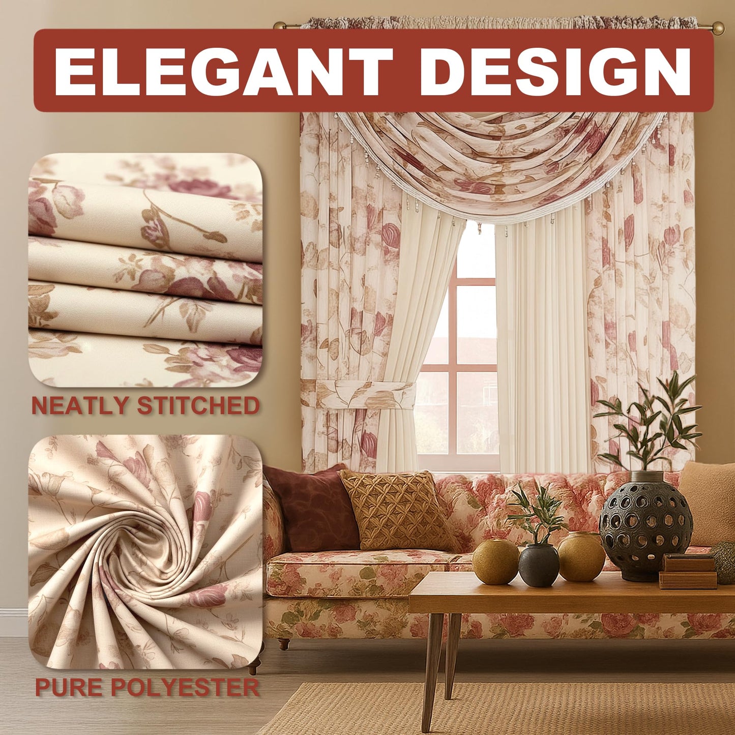 YHSF Sheer Curtains Laura Collection - 4 Panel Set, 84 Inches Long - Elegant Curtains for Bedroom & More - Valances with Beads & 2 tiebacks - 55” x 84" - Easy Install, Multicolor, Floral Rose Taupe