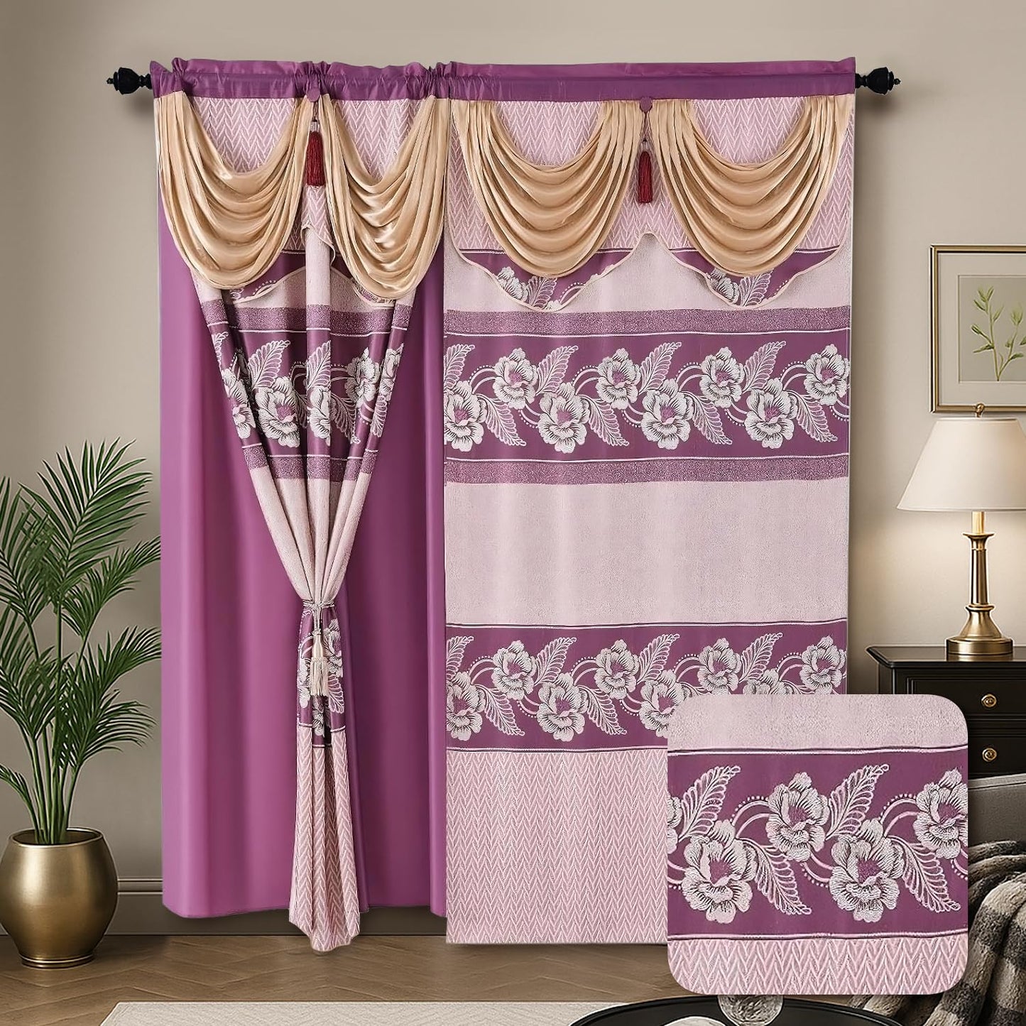 YHSF Jacquard Window Curtains for Living Room and Bedrooms - 54" W x 84" L 2-Panel Set Fancy Curtains with Valance Attached & 2 Tassle Tie Backs - Fancy Living Room Curtain with Valance - Turquoise