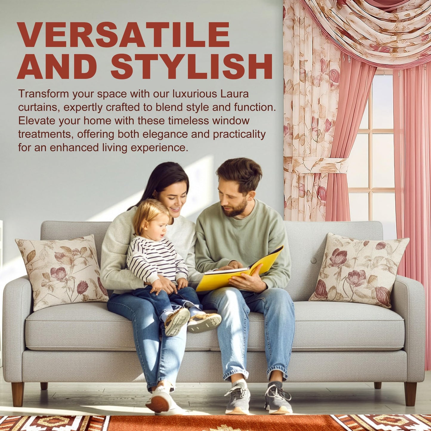 YHSF Sheer Curtains Laura Collection - 4 Panel Set, 84 Inches Long - Elegant Curtains for Bedroom & More - Valances with Beads & 2 tiebacks - 55” x 84" - Easy Install, Multicolor, Floral Rose Taupe