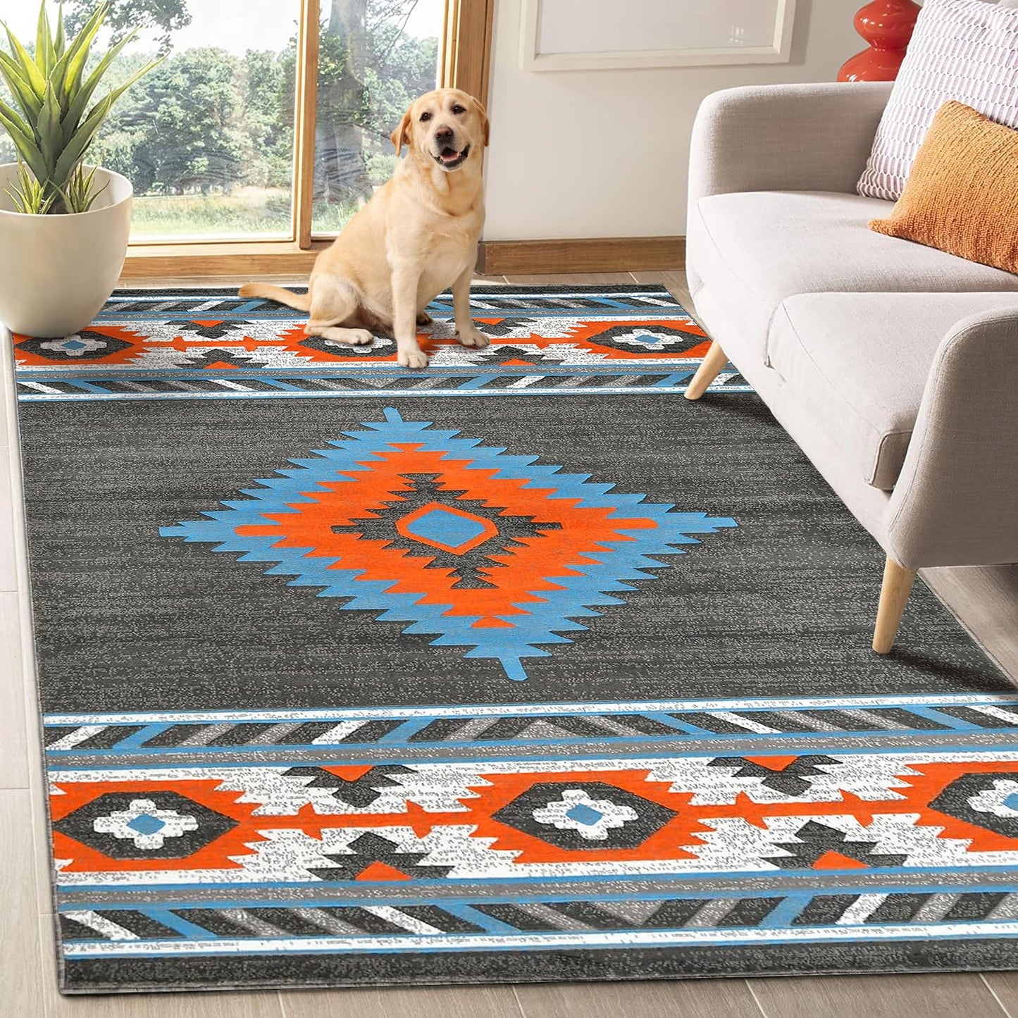 YHSF South West Native American Area Rug - Easy Clean, Thick, Soft, Durable Native Tribal American Indian Inspired Rug for Bedroom/Living Room/Hallways and More - Rust, 5 Feet x 7 Feet