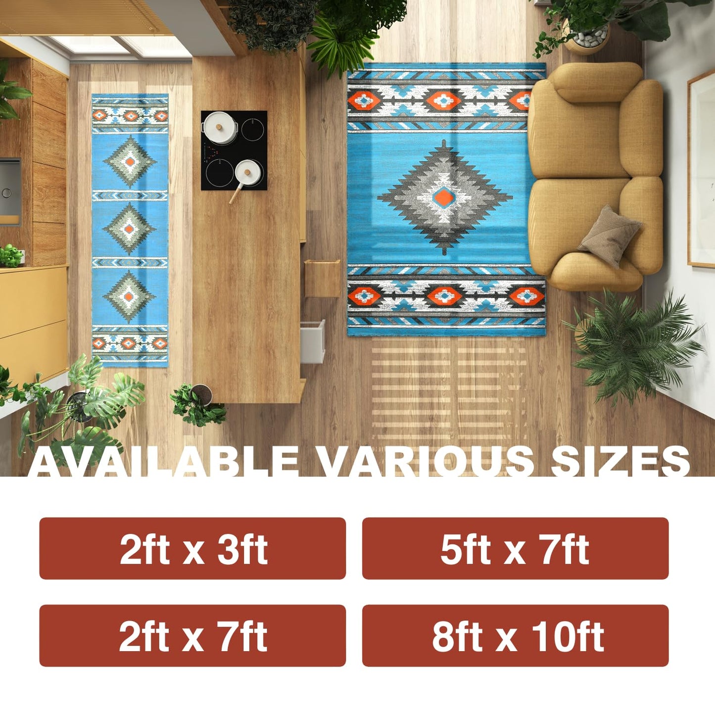 YHSF South West Native American Area Rug - Easy Clean, Thick, Soft, Durable Native Tribal American Indian Inspired Rug for Bedroom/Living Room/Hallways and More - Rust, 5 Feet x 7 Feet