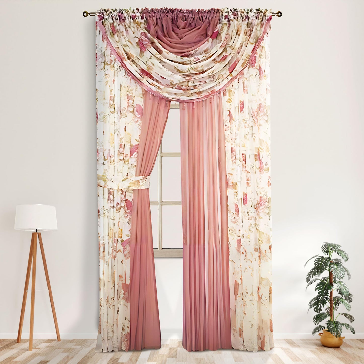 YHSF Sheer Curtains Laura Collection - 4 Panel Set, 84 Inches Long - Elegant Curtains for Bedroom & More - Valances with Beads & 2 tiebacks - 55” x 84" - Easy Install, Multicolor, Floral Rose Taupe