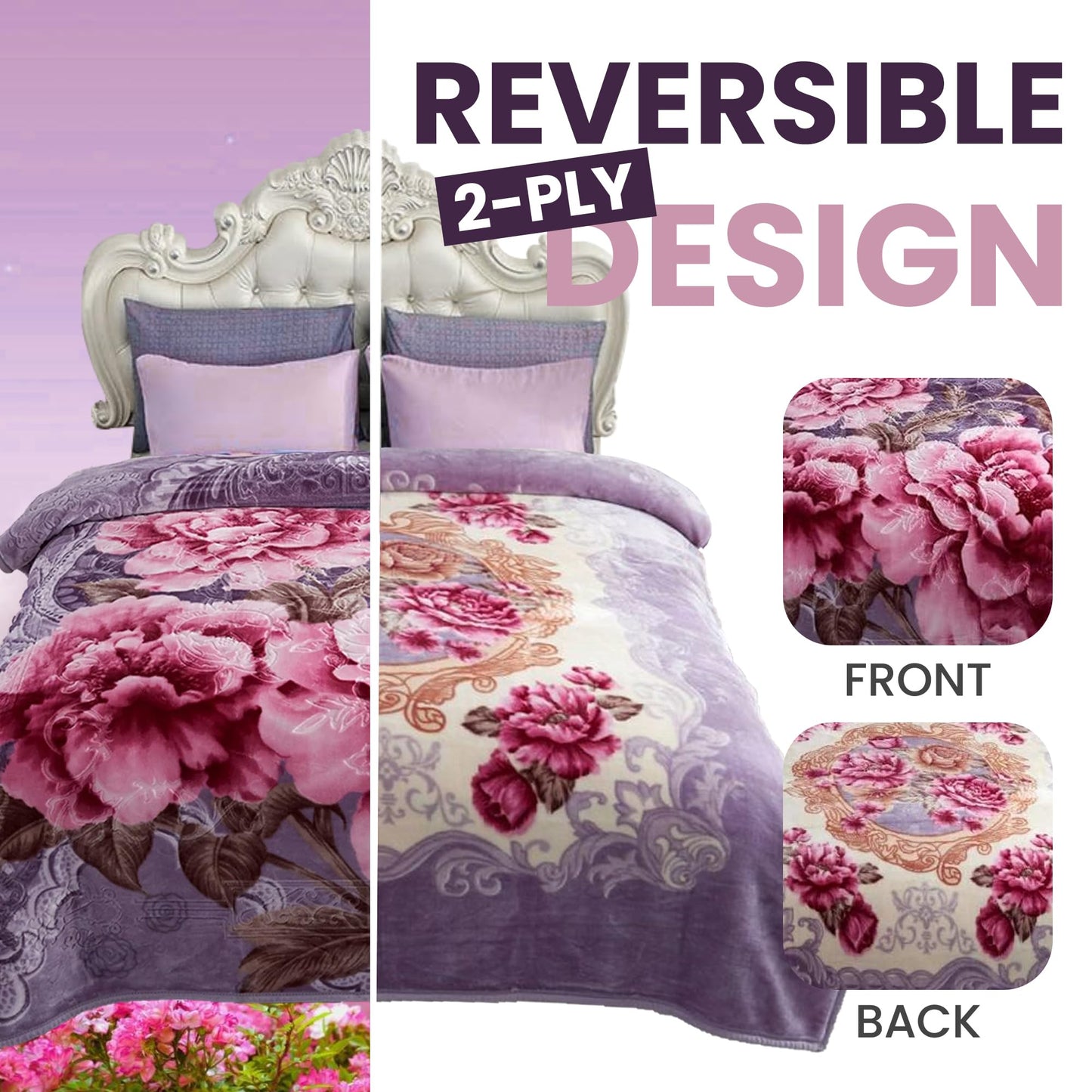 YHSF Korean Mink Blanket - 2 Ply Thick & Soft Reversible Printed Plush Throw - Warm Cozy & Comfy Korean Faux Mink Blanket - Ideal Gift, Easy Care, Fade-Proof, Peony, King Size, 6 LB, 83 in x 91 in