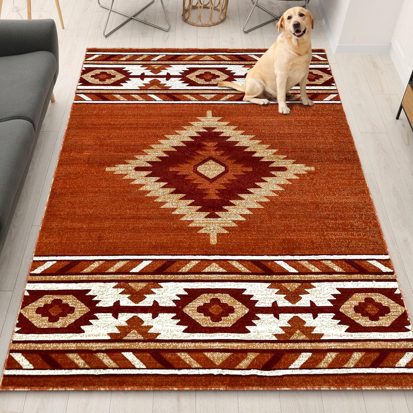YHSF South West Native American Area Rug - Easy Clean, Thick, Soft, Durable Native Tribal American Indian Inspired Rug for Bedroom/Living Room/Hallways and More - Rust, 5 Feet x 7 Feet