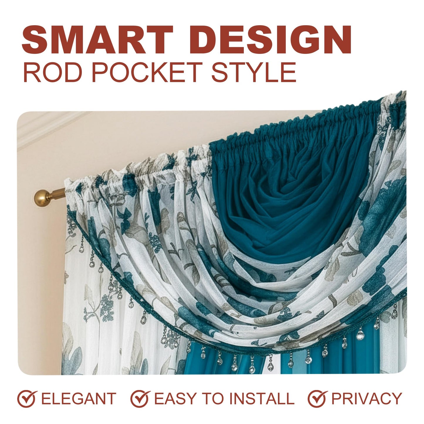 YHSF Sheer Curtains Laura Collection - 4 Panel Set, 84 Inches Long - Elegant Curtains for Bedroom & More - Valances with Beads & 2 tiebacks - 55” x 84" - Easy Install, Multicolor, Floral Rose Taupe