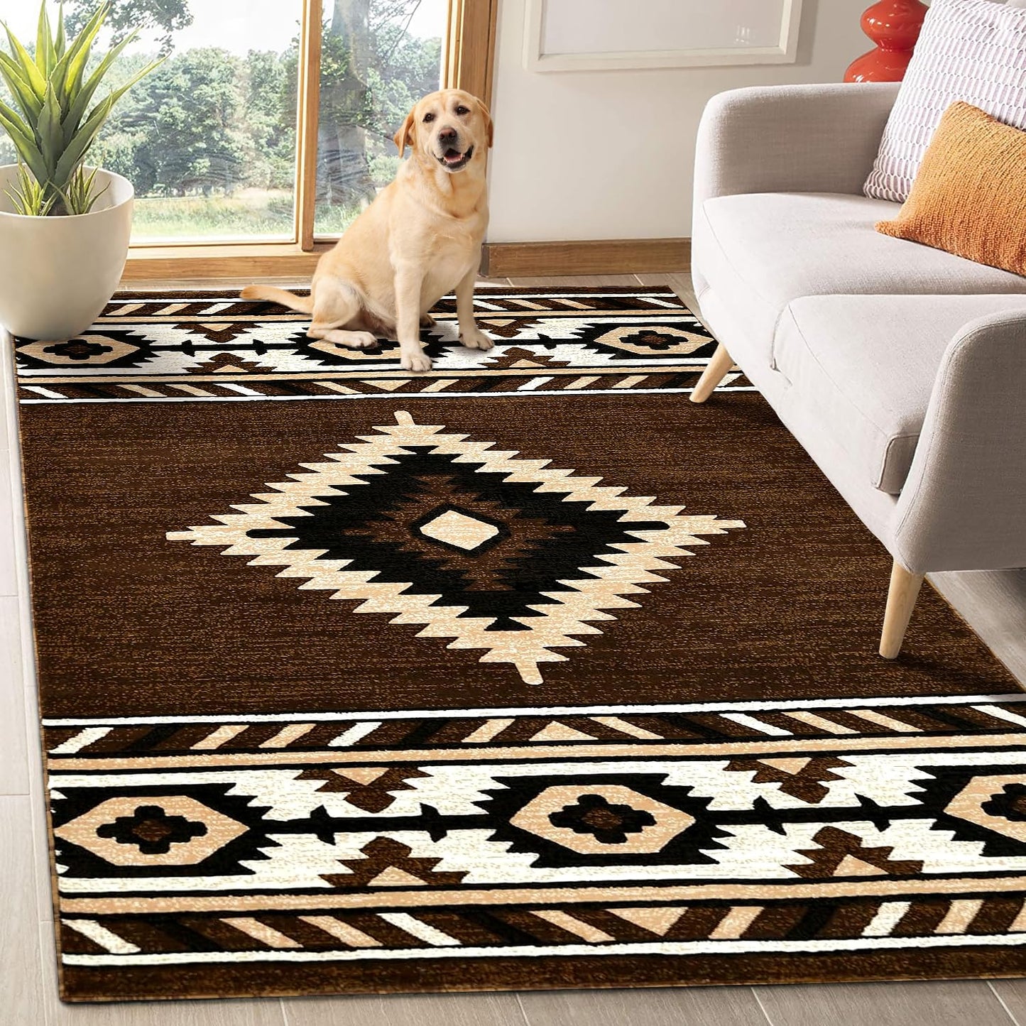 YHSF South West Native American Area Rug - Easy Clean, Thick, Soft, Durable Native Tribal American Indian Inspired Rug for Bedroom/Living Room/Hallways and More - Rust, 5 Feet x 7 Feet