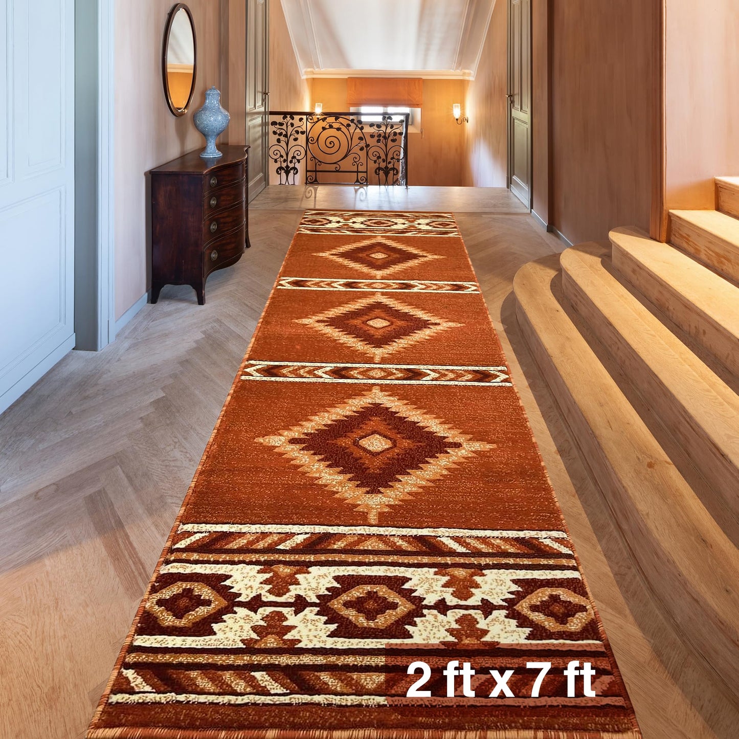 YHSF South West Native American Area Rug - Easy Clean, Thick, Soft, Durable Native Tribal American Indian Inspired Rug for Bedroom/Living Room/Hallways and More - Rust, 5 Feet x 7 Feet